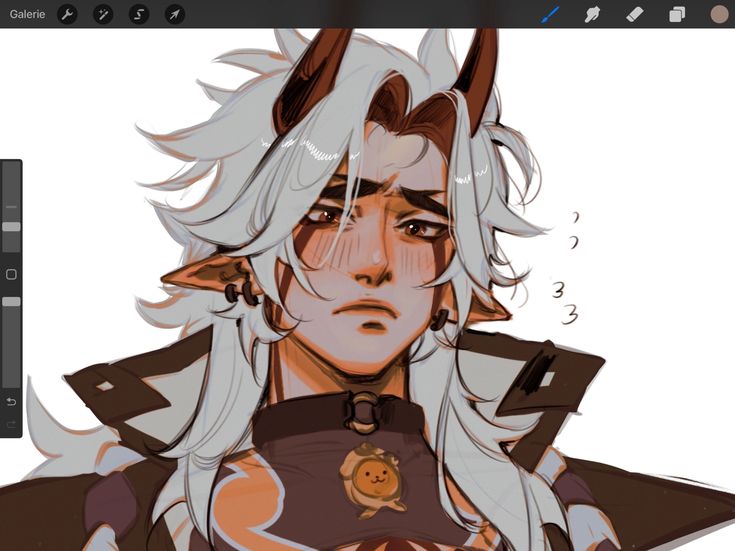 this is a digital illustration of a young anime male character with long white hair, red eyes, red horns, and a choker. he is blushing and has a sad expression on his face. the drawing is in a style that is common in anime and manga. the character looks very handsome and cute.