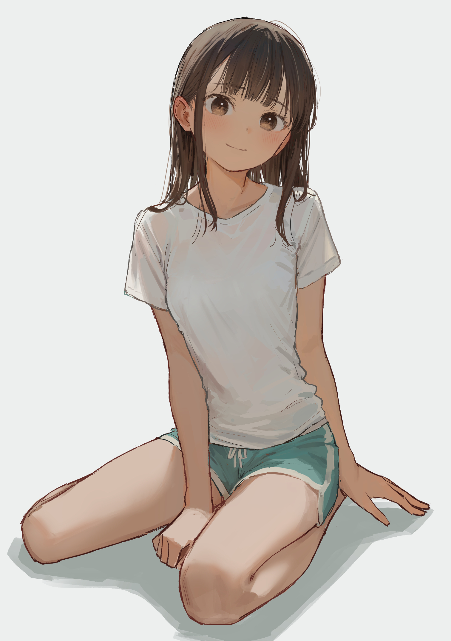 the image is a digital painting of an animestyle girl sitting on the floor with her knees bent. she has long brown hair with bangs, light brown skin, and is wearing a simple white tshirt and teal athletic shorts. she has a gentle smile and a relaxed posture. the art style is soft and slightly painterly, with subtle shading and light highlighting. the background is a plain light gray.
