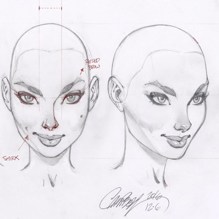 the image shows two pencil sketches of a woman's face, drawn in a similar style but with slight variations. the head is bald, with strong attention given to the facial features such as the eyes, eyebrows, nose, and mouth. one sketch is more frontfacing, with annotations pointing to a "smirk" and "raised brow." the other sketch is slightly turned to the side, showing more of the ear and a softer expression. a signature and date are visible at the bottom.