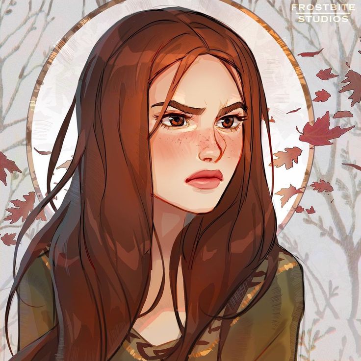this is a digital illustration of an animestyle girl with long red hair. she is wearing a green sweater and has freckles on her face. she is looking to the side and appears upset. the background shows autumn leaves and is a soft, warm color scheme.