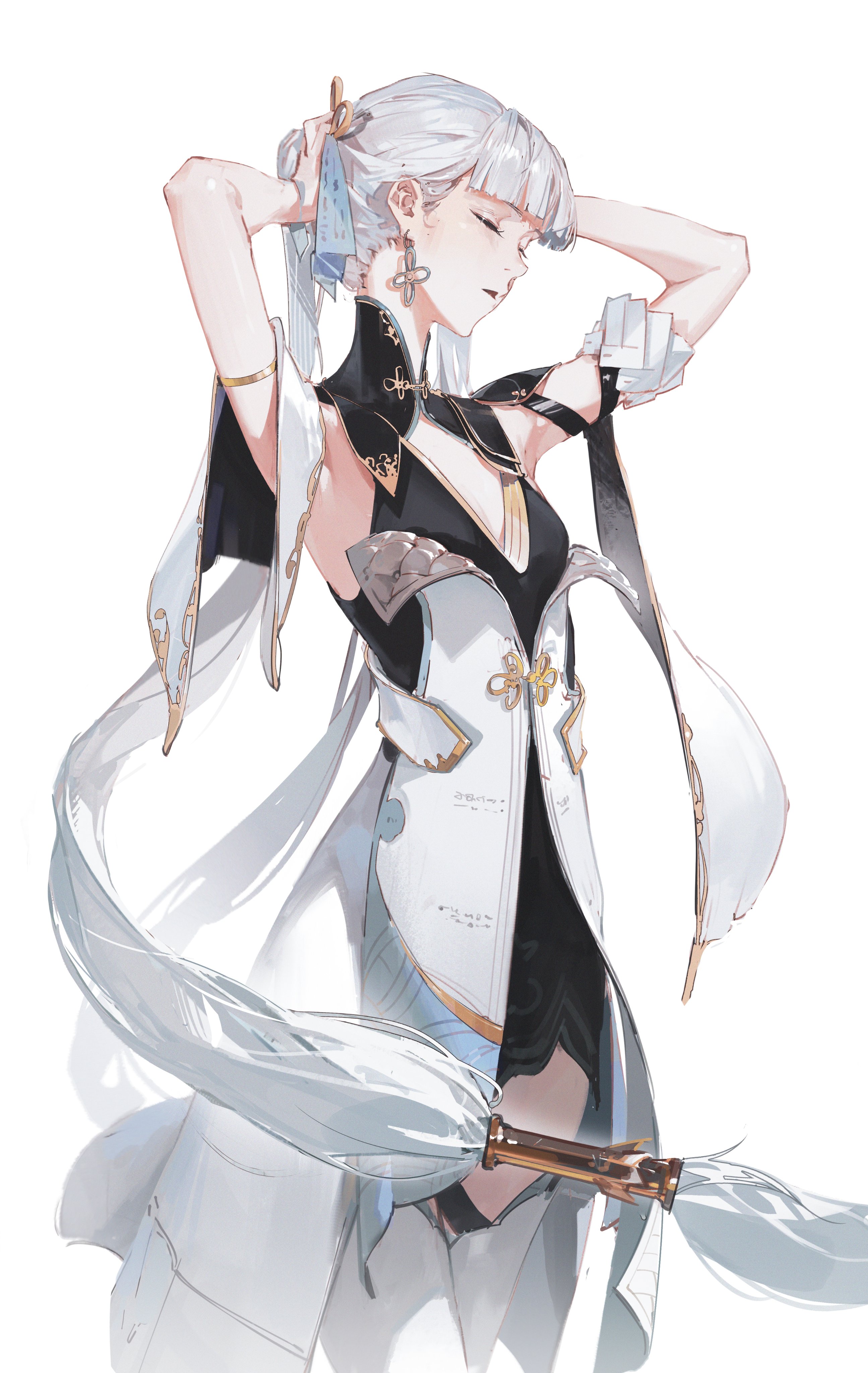 this is an illustration of an anime girl with white hair. she is wearing a long white dress with a black dress underneath and is accessorized with gold jewelry. the image is drawn in an artistic style and is whimsical in nature.