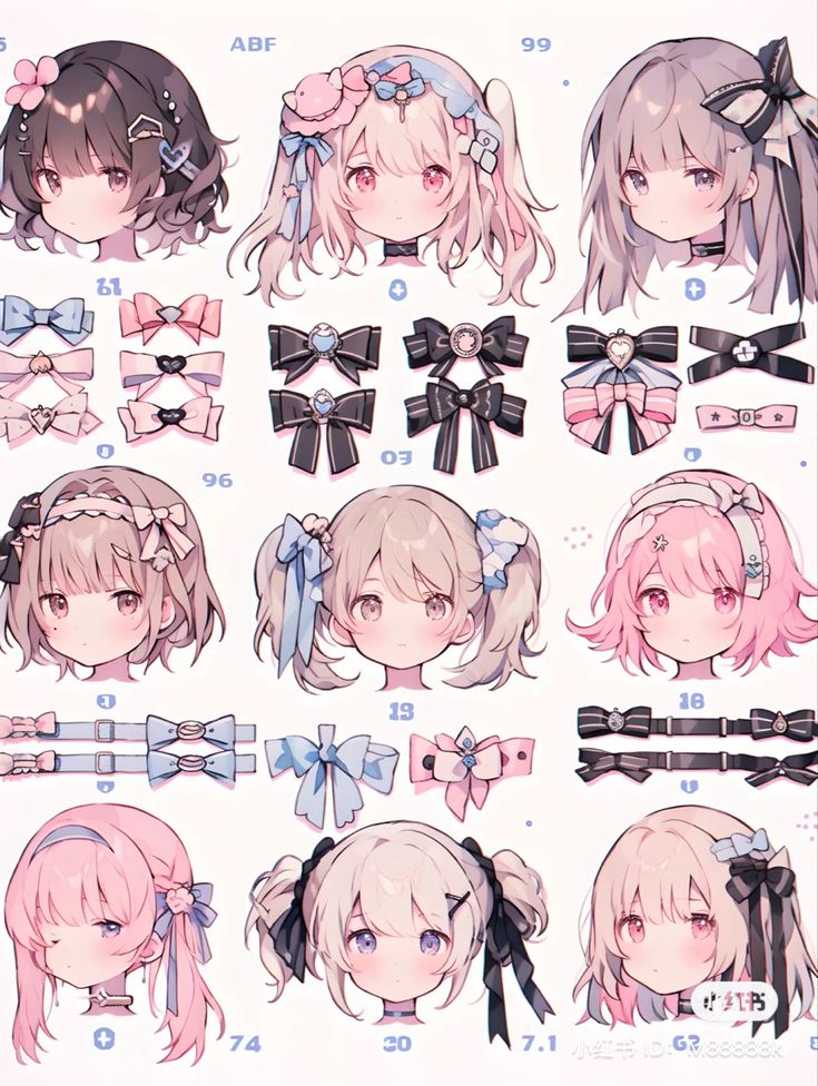 the image showcases a collection of stylized anime girl faces, each adorned with different hair accessories. it appears to be a reference sheet for character design, highlighting variations in hairstyles, hair bows, hairbands, and hair clips. the color palette leans towards pastels, featuring soft pinks, creams, and browns, contributing to the overall cute and feminine aesthetic.