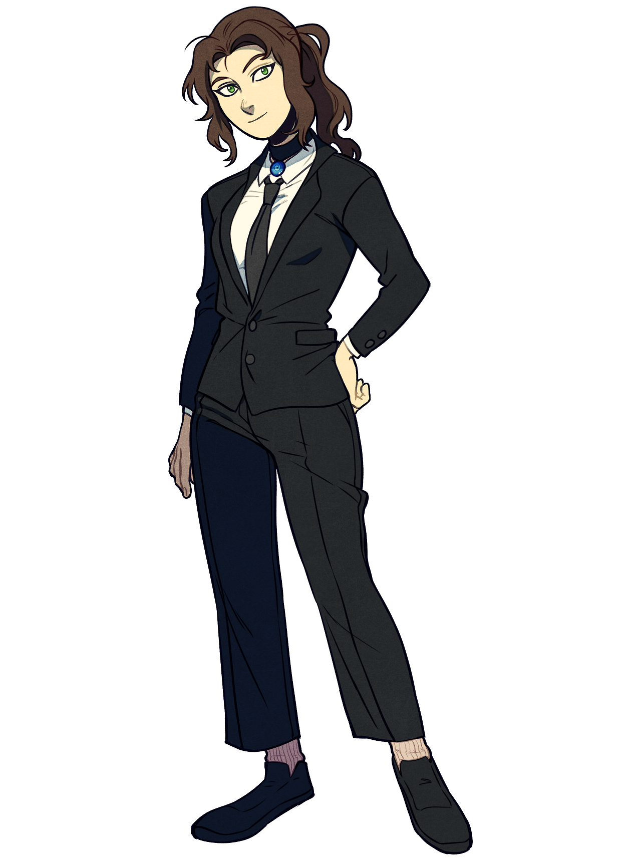 a woman with chinlength brown hair pulled into a half ponytail is standing with her right hand in her pocket. she is wearing a black suit and tie, with white socks decorated with a dark design that are visible between the ends of her pants legs and her black shoes. she has green eyes and is wearing a blue gemstone choker. her expression is pleasant and selfassured. the style of the drawing is cartoon/comic.