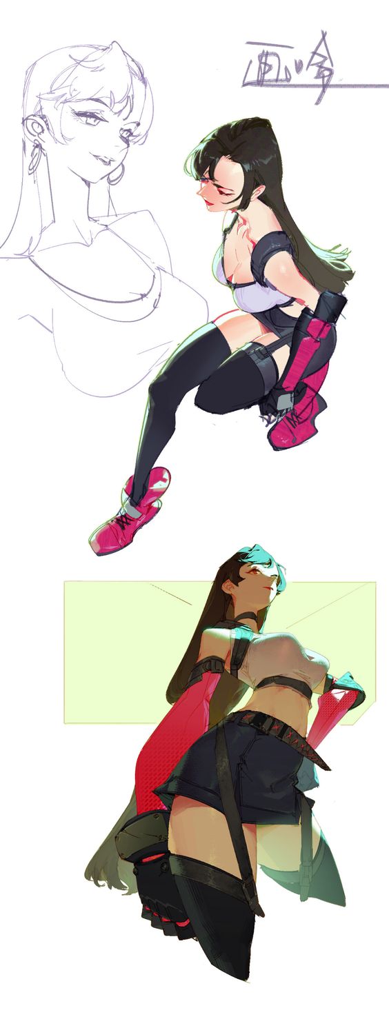 the image features three anime girls. the top one is a line art sketch of a girl with long hair looking to the side, she is wearing a white top. the second girl has long dark hair and is wearing a red and black outfit with red boots, she is looking to the left. the third girl has short blue hair and is wearing a white top, black shorts, black boots and red gloves, she is looking up. the image is set against a white background and features a green rectangle at the bottom.