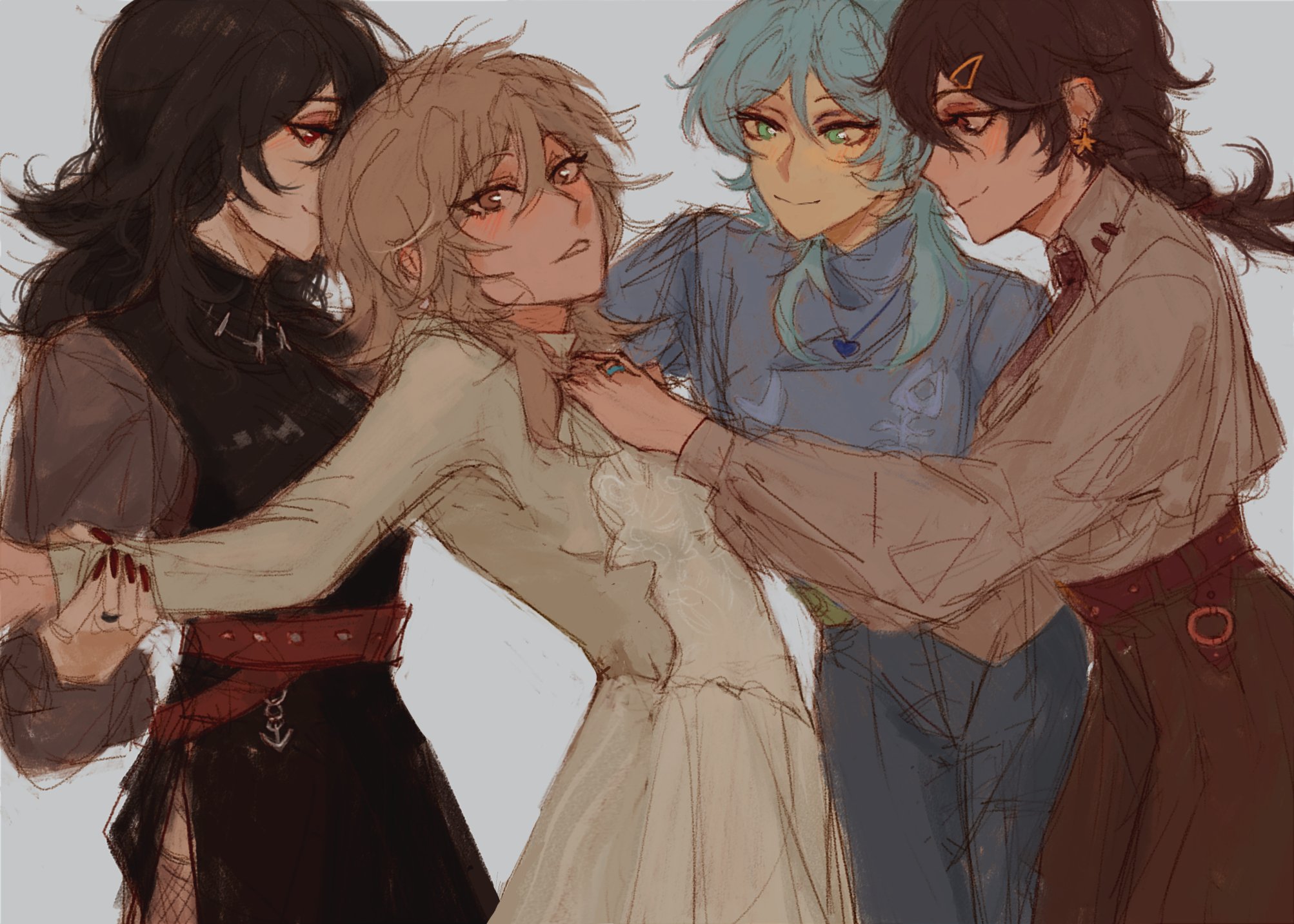 the image is a digital painting or illustration in an anime/manga style depicting four young women.  they are all closely embraced and interacting with each other in a seemingly affectionate and intimate manner. their hairstyles and clothing styles differ, showcasing individual personalities.  the art style is soft and expressive, with a focus on capturing emotion and relationships rather than sharp detail.  the color palette is muted and warm, contributing to an overall gentle and serene atmosphere. the piece appears to be a fan art piece due to the style and the seeming representation of characters not recognizable from standard media.