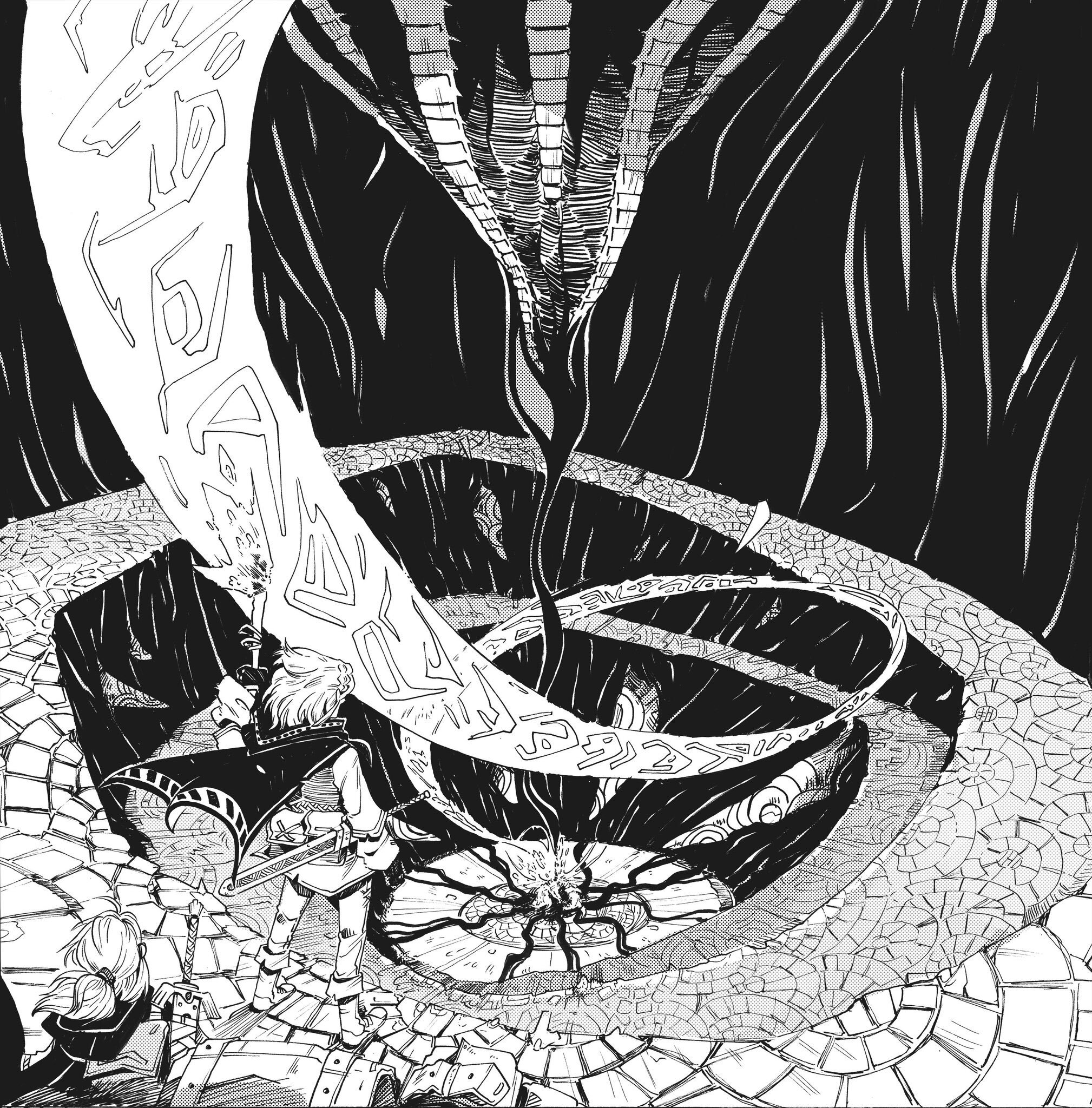 the image is a black and white mangastyle illustration depicting a fantastical scene.  a swirling vortex of dark energy, inscribed with runes, dominates the center.  two figures, seemingly adventurers or mages, stand near the vortex, one wielding a sword. a large, flowing scrolllike object with further runes emanates from the vortex. the setting appears to be an ancient, stonepaved area, possibly a ruin or temple, with a dark and mysterious atmosphere.  the style is detailed and dramatic, suggesting a moment of intense magical activity.