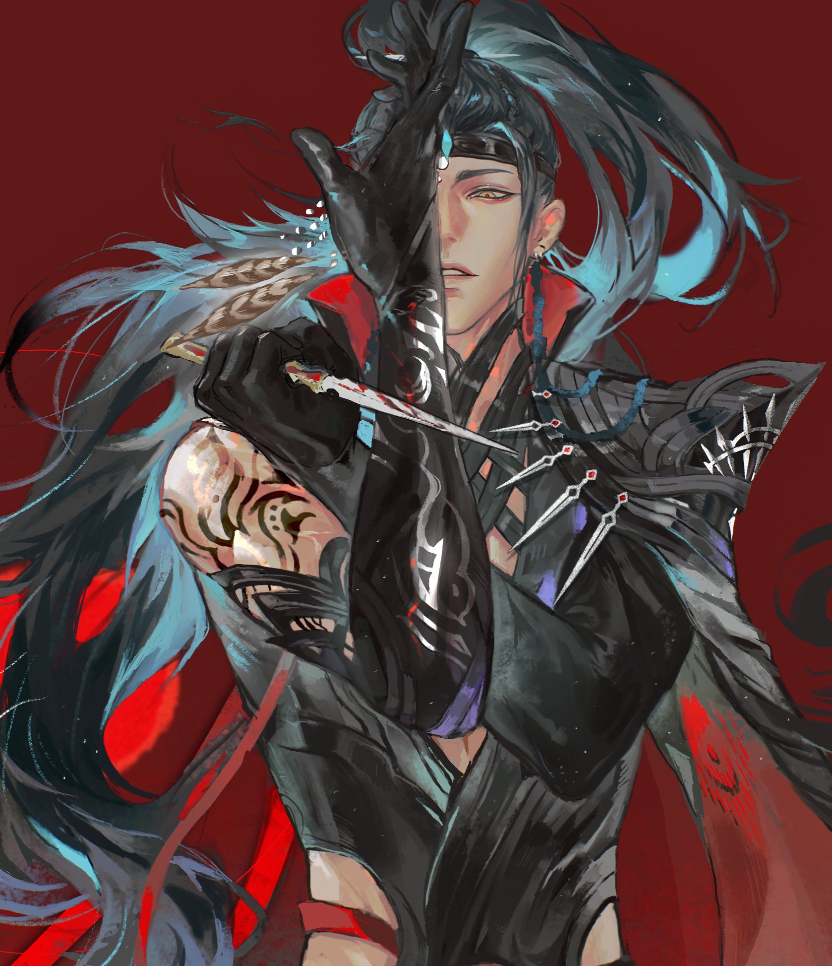 an anime character with long blue hair and black clothing, he is wielding a sharp blade, his expression is serious and determined. the background is a vibrant red, with the character standing out in contrast. the overall image is dynamic and actionpacked. the digital artwork is stylized and vibrant, with a strong sense of energy.