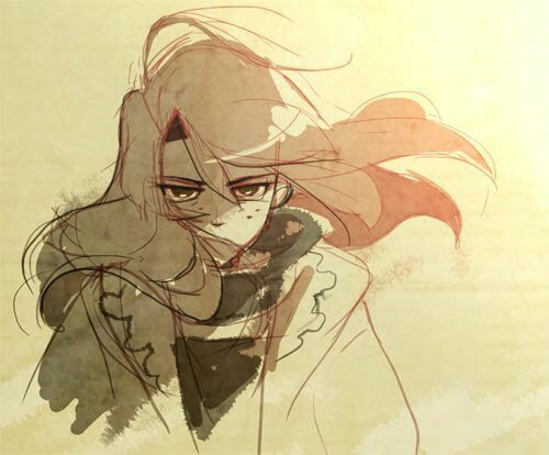 a sketch of a girl with long, red hair looking forward. she has brown eyes and is wearing a dark top. the background is a light yellow and has a watercolor effect.  the girl is drawn in a digital style with a simple and graphic design. the style is similar to anime and manga.