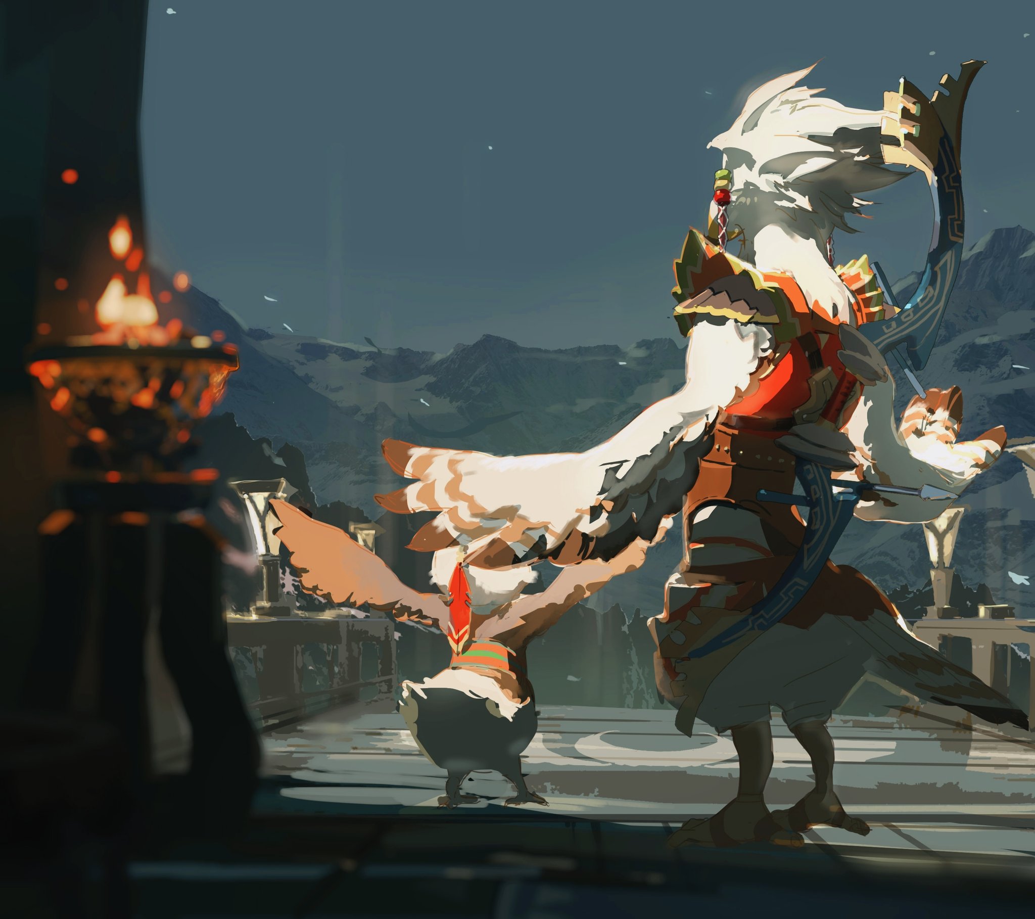 the image showcases two anthropomorphic bird characters, likely inspired by the tengu of japanese folklore. the taller figure, clad in ornate armor and wielding a magnificent bow, stands protectively in the foreground. its design suggests a warrior or archer class.  the smaller character, mimicking the stance of its larger companion, exudes an air of youthful energy. they are positioned on a platform within a grand architectural structure, possibly a temple or palace.  the background reveals a breathtaking panorama of snowcapped mountains, bathed in the soft hues of a setting sun. the overall composition, with its interplay of light and shadow, evokes a sense of serenity and wonder.