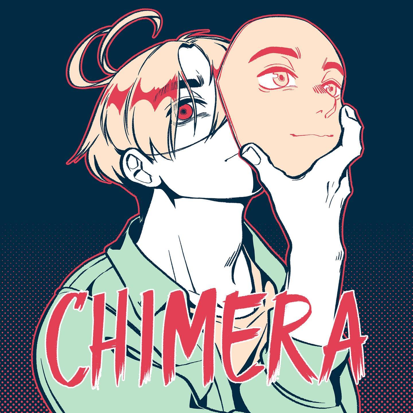 the image is a stylized animestyle illustration of a young man with lightcolored hair and a prominent red eye.  he is holding a blank, paleskinned mask to his face, partially obscuring his own features. the mask contrasts sharply with his expressive features. the overall style is bold and graphic, with strong contrasts in color and linework. the word "chimera" is prominently displayed across the image in a stylized red font, suggesting a possible title or theme. the background features a textured dark teal color with a subtle dotted pattern. the composition focuses intently on the character and his interaction with the mask, creating a sense of mystery and intrigue.
