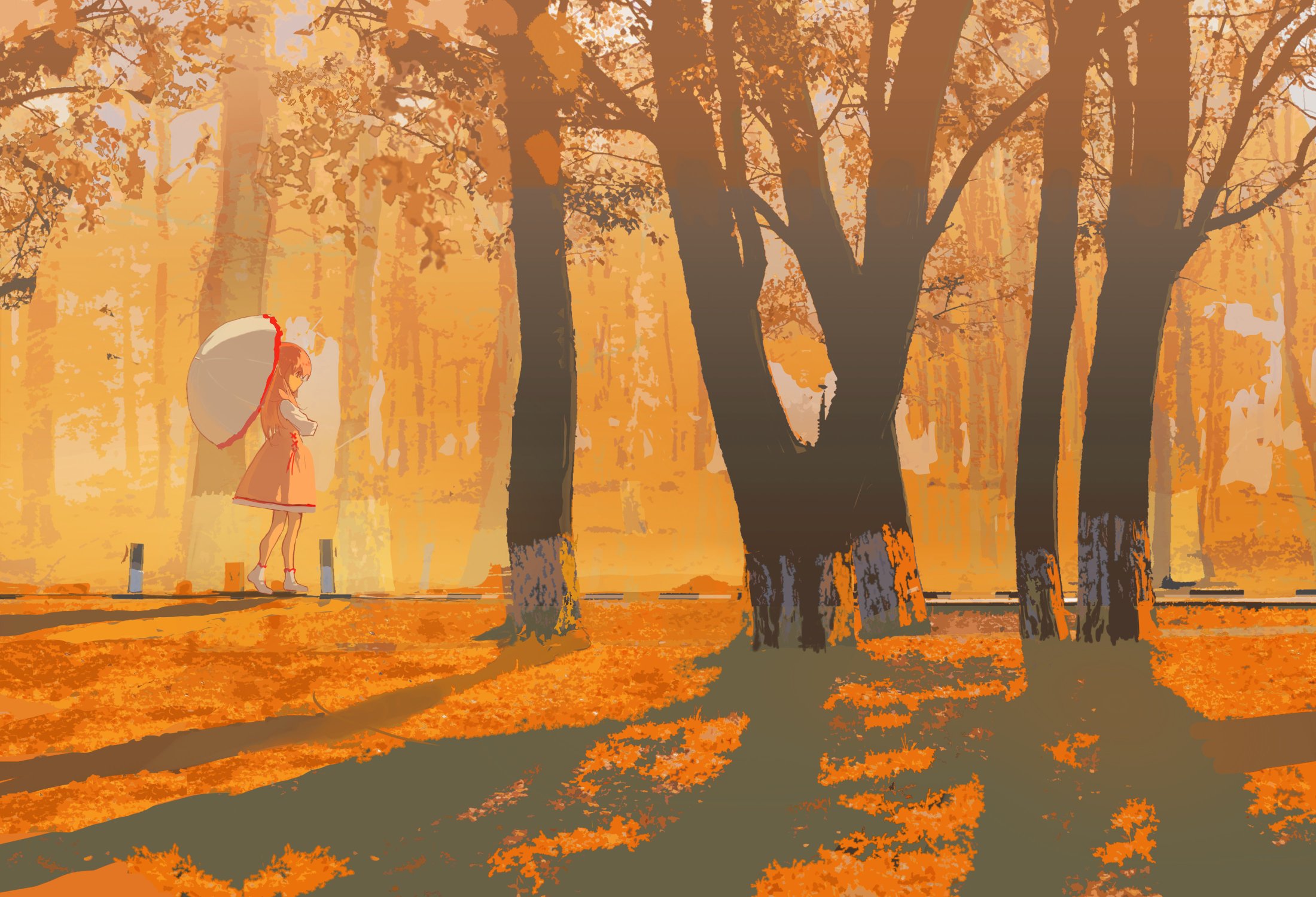 an illustration of a young girl with an umbrella walking through a forest in autumn. the trees are bare and the leaves are on the ground in shades of orange, brown, and yellow. the girl is wearing a red dress and a white umbrella. the path is visible in front of her, and there is a clearing behind her. the artwork is digitally painted and captures the feeling of the season.
