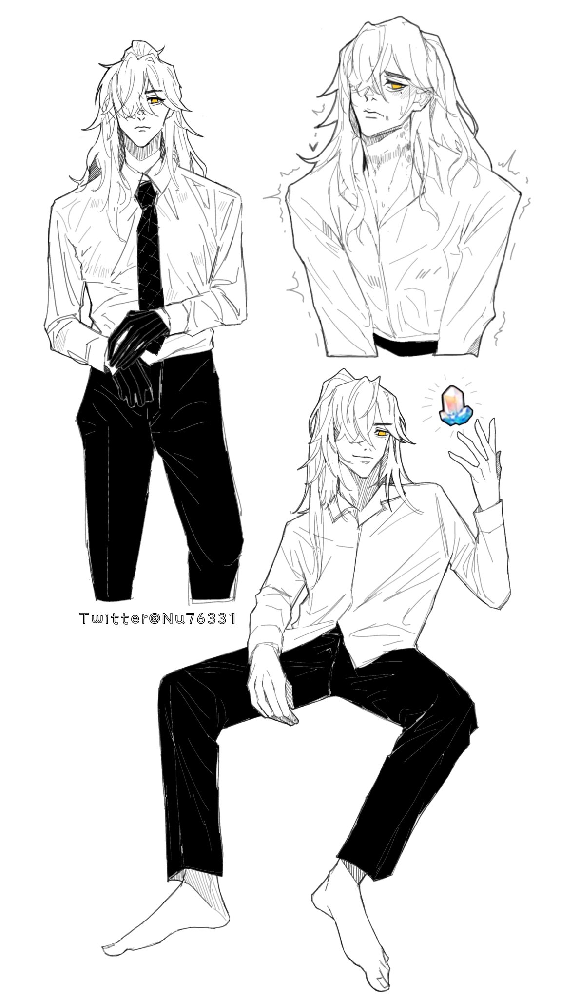 this is an illustration of an anime character. there are three images of him. one is of him standing with his arms folded, one is of him sitting with one leg crossed over the other and one is a closeup of his face and upper body. he has long white hair, a white buttondown shirt, black pants and is barefoot. he is wearing no jewelry except for a ring on his left hand. he is looking off to the side.  the style is reminiscent of manga or anime.