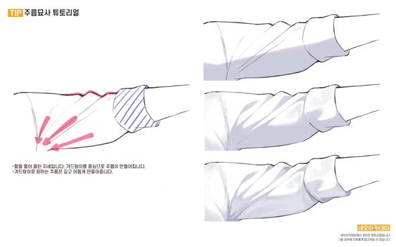 the image is a drawing tutorial, illustrating how to draw wrinkles and folds in a shirt sleeve. it features three different arm positions, all demonstrating how the fabric bunches and stretches around the elbow and armpit area.  the tutorial is in korean and provides tips on achieving a realistic look.
