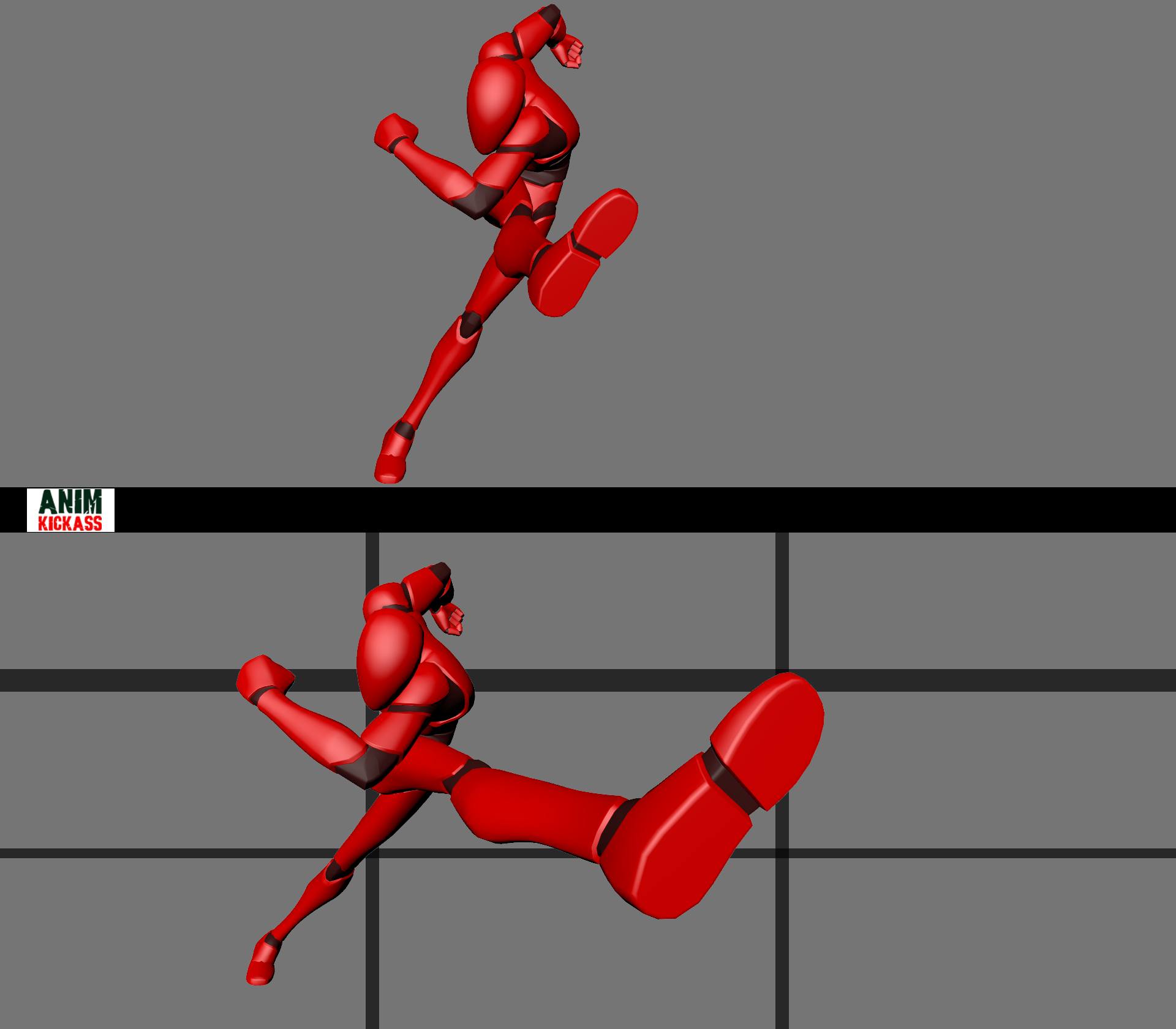 the image shows two 3d rendered humanoid figures in dynamic kicking poses. the figures are primarily red with black accents, giving them a stylized, robotic appearance. the top figure is midkick, appearing to be airborne. the bottom figure is also kicking, with its leg extended towards the viewer. the background is a simple gray with horizontal black lines, suggesting a grid or animation environment. the text "anim kickass" is visible in the upper left corner.