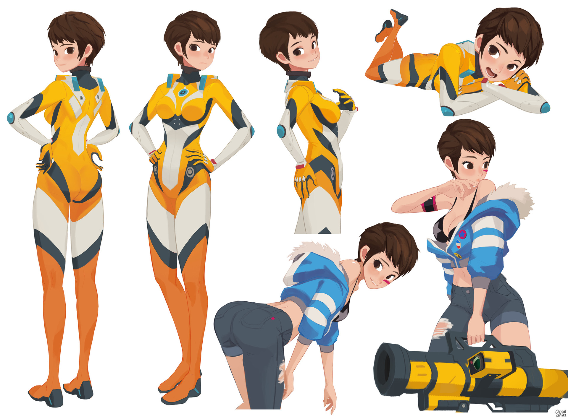 this image showcases a collection of character design concepts for a female character, likely for a video game. the character is depicted in various poses and outfits, highlighting her versatility. the primary outfit is a sleek, futuristic yellow and white bodysuit, suggestive of a technologically advanced setting. her casual wear features a blue and white jacket, ripped jean shorts, and a playful attitude. one image even depicts her wielding a large, yellow blaster, hinting at her combat prowess. the overall style is vibrant and expressive, with a focus on dynamic posing and clear character personality. the white background ensures the focus remains on the character and her attire.