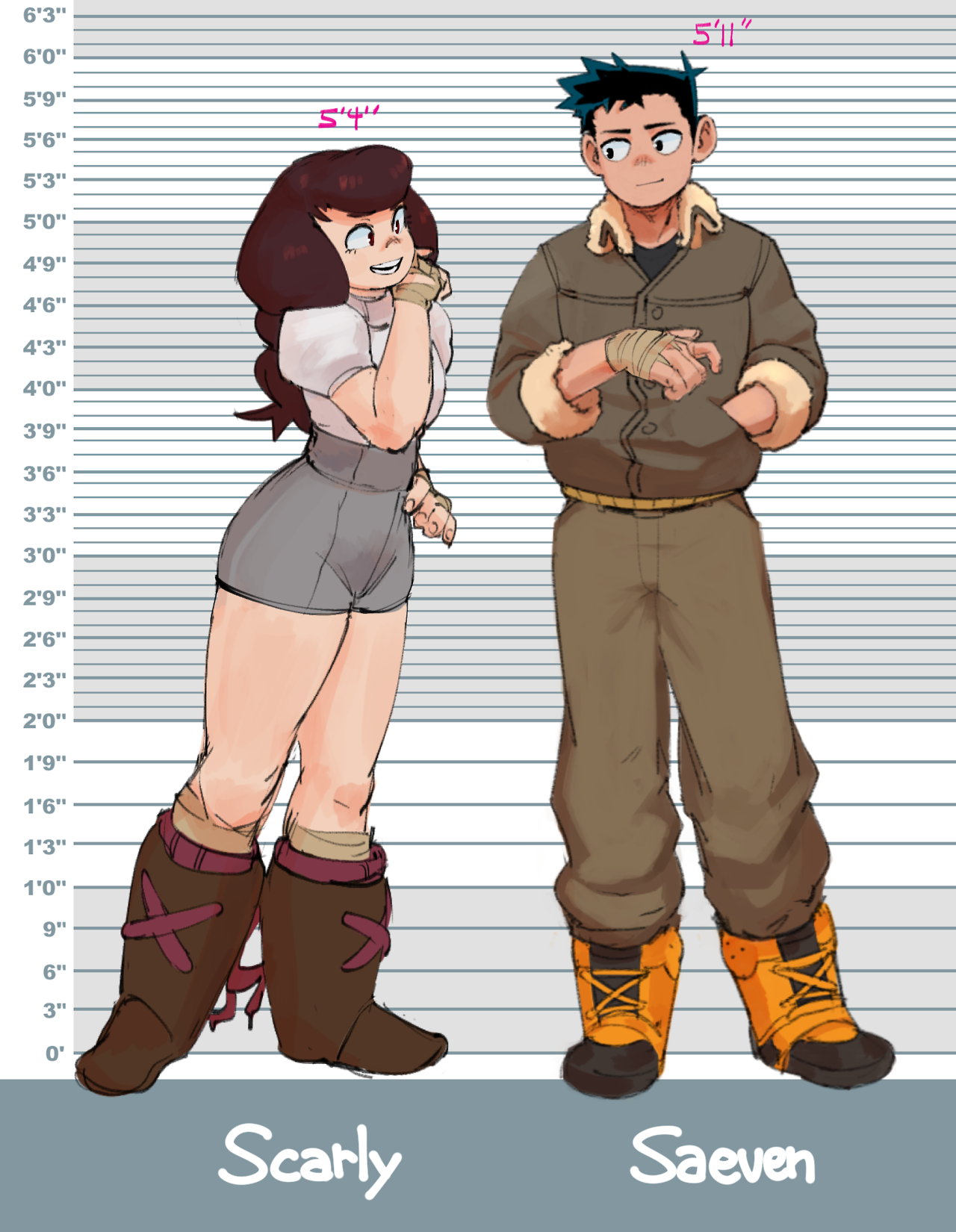 this is a cartoon illustration of a boy and a girl standing next to each other in front of a height chart. the girl is wearing a white shirt, brown pants, and brown boots. she has long brown hair with a white headband. she is 5'4'' tall. the boy is wearing a brown jacket, pants, and orange boots. he has short black hair. he is 5'11'' tall. the image is set against a white background.