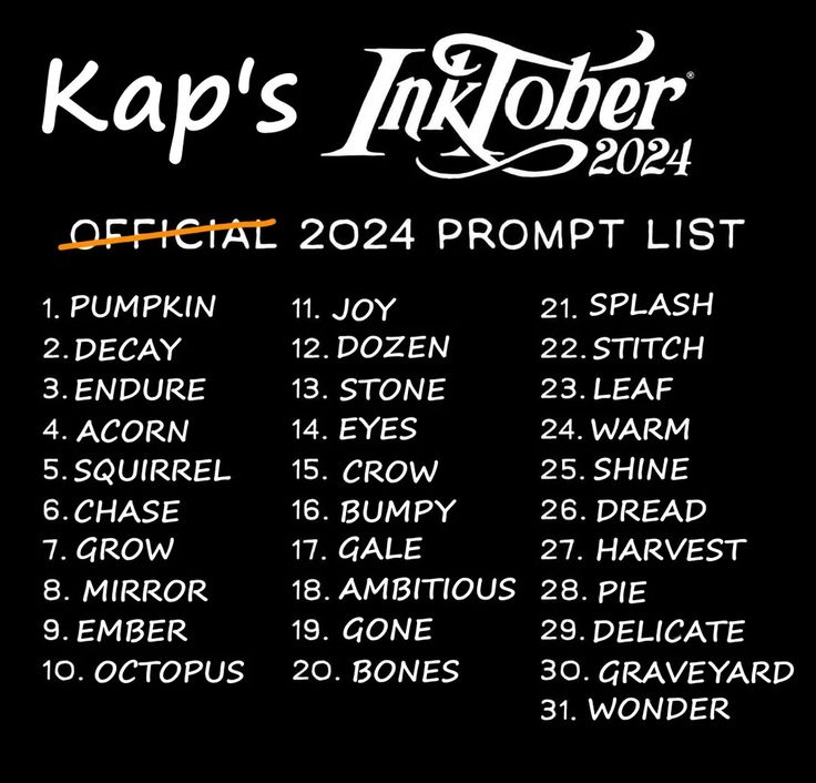 the image is a list of prompts for kap's inktober 2024, a series of daily art prompts for the month of october. the list includes 31 words, one for each day of the month.