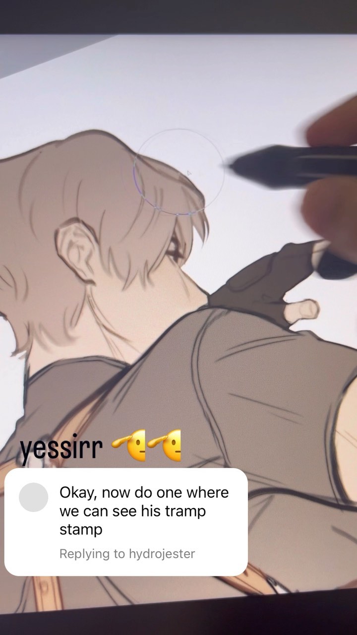 the image shows a closeup view of a hand using a stylus to draw on a digital tablet. the drawing in progress is an animestyle male character depicted from the back and slightly side profile.  the character has short lightcolored hair and is wearing a garment that resembles a jacket or shirt. the art style uses soft grey tones and light shading. a comment section from a social media platform is visible, showing a request for the artist to draw the character in a way that reveals a "tramp stamp" tattoo. the overall scene portrays the digital art creation process.