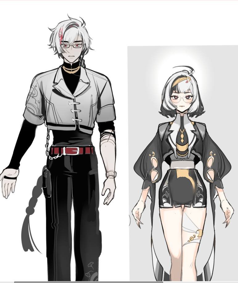 the image shows two anime characters. the character on the left is a male with white hair, wearing a white shirt, black pants, and a red belt. he has glasses on. he is standing with his hands in front of him. the character on the right is a female with black hair. she is wearing a white and black outfit with a gold belt and gold jewelry. she is also wearing glasses. she is standing with her hands on her side. the background is white.