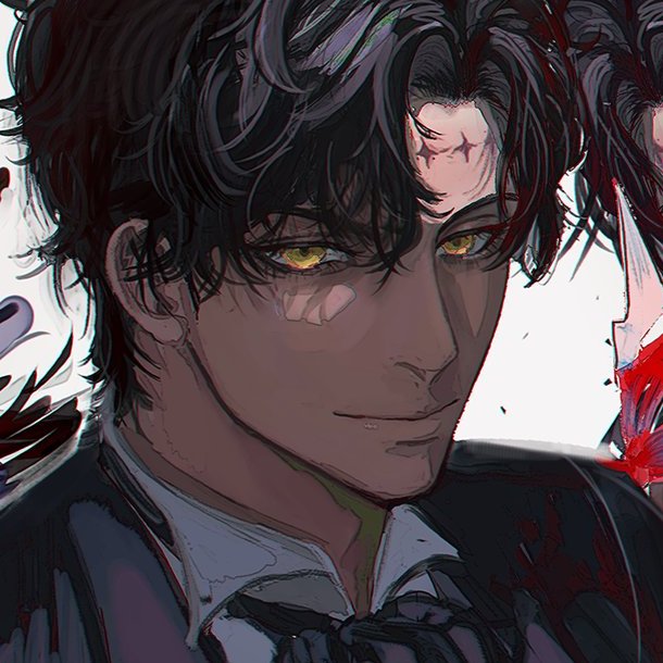 a closeup portrait of a handsome anime man with dark hair and piercing yellow eyes. he's wearing a black suit and tie, with a sharp and mysterious expression. the background is blurred and dark, adding to the enigmatic atmosphere.