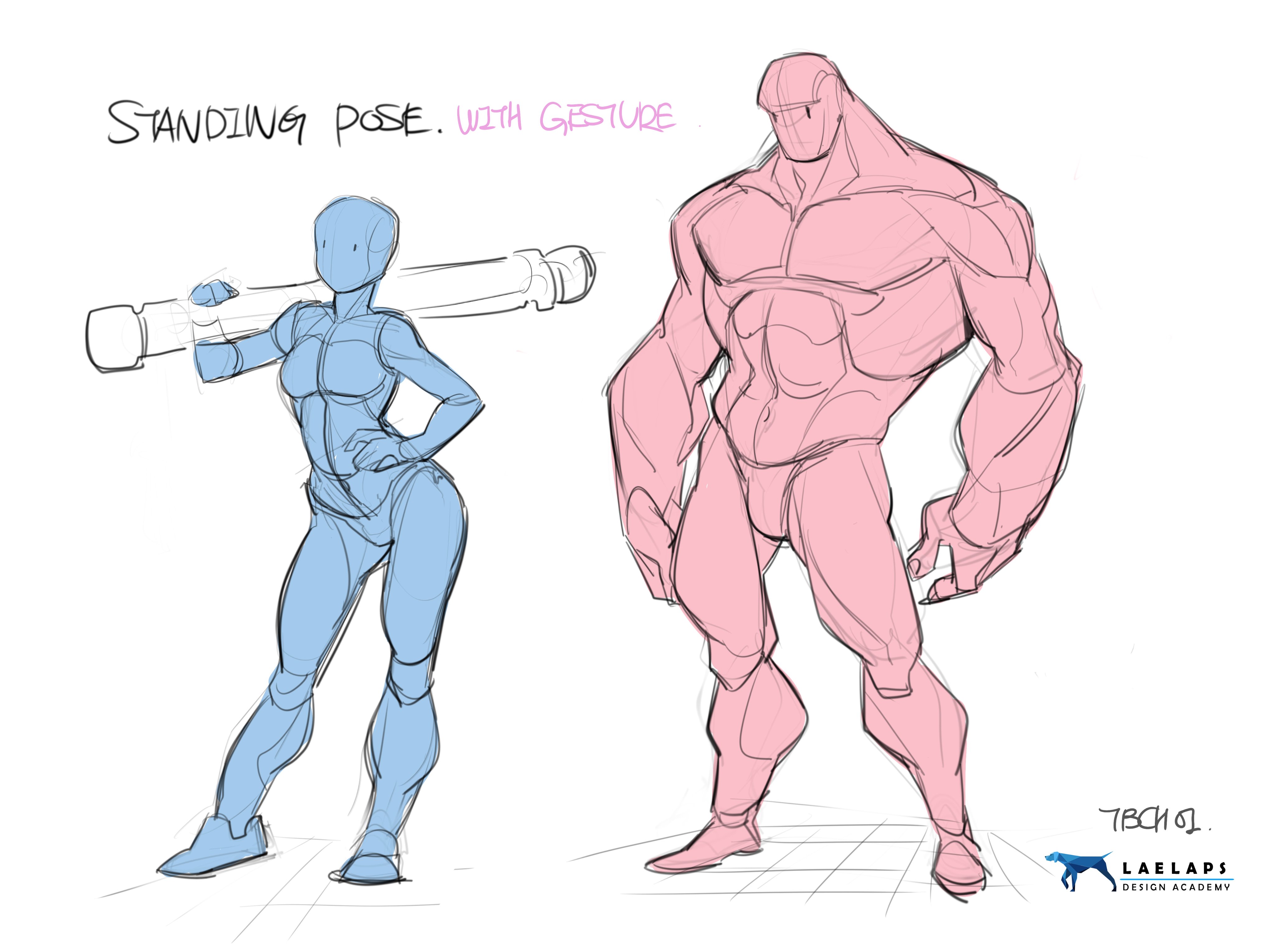 the image shows two sketches of human figures in standing poses.  one is a female figure holding a long cylindrical object across her shoulders, and the other is a male figure with a heavily muscled physique. both figures are rendered in a loose, gestural style with emphasis on basic shapes and proportions.  the style suggests a quick study or demonstration of anatomy and pose. the sketches are labeled "standing pose. with gesture."  the logo for laelaps design academy is present in the bottom right corner. the overall style suggests a tutorial or learning material related to figure drawing.