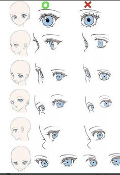 the image shows a stepbystep tutorial on how to draw anime and manga style eyes from various angles. it includes front views, side views, and ¾ views, along with different eye shapes and expressions. it utilizes simple line work and shading to illustrate the process, making it suitable for beginners.