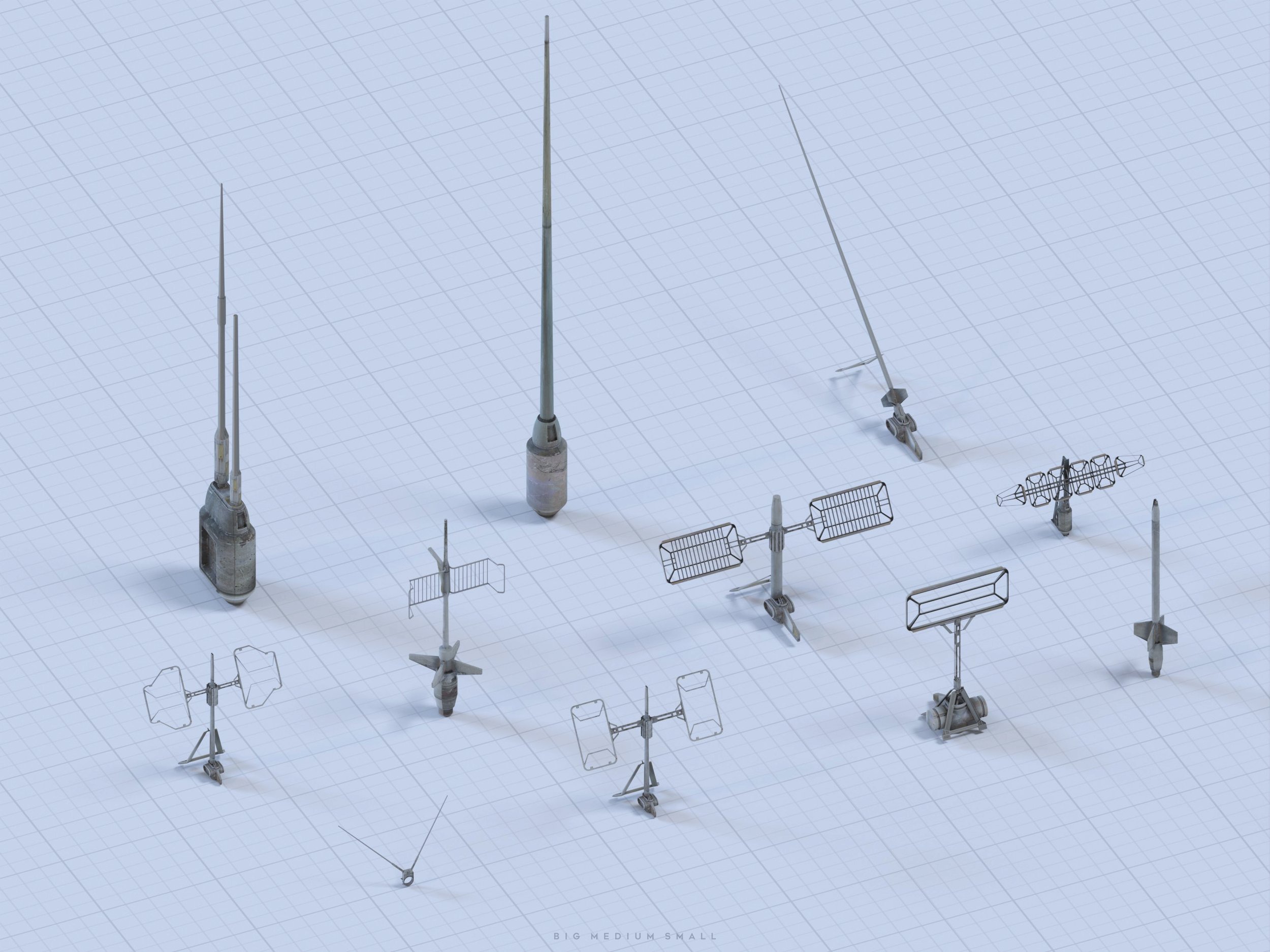 the image showcases a 3d isometric view of a collection of various satellite dishes and antennas of different sizes, ranging from large communication towers to small radar units. they are scattered on a gridded background, which resembles a blueprint or wireframe design, giving the impression of a technical design or engineering plan. the various sizes are indicated with the text "big medium small" at the bottom.  the overall style is clean and minimalist with a focus on the technical aspects of the objects.
