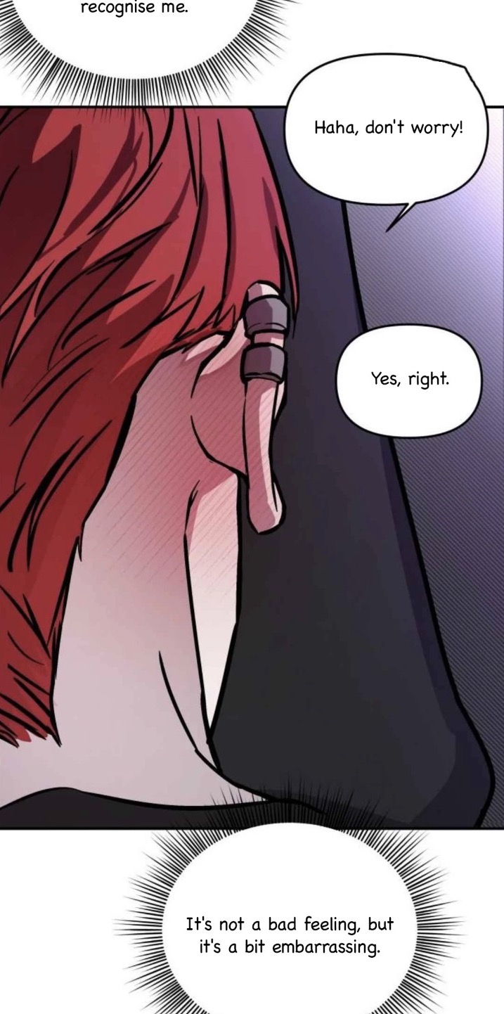 closeup shot of a manga panel depicting a person with vibrant red hair, blushing slightly. the character's expression suggests a mix of embarrassment and recognition.  dialogue bubbles reveal a conversation about the character being recognised, with the person reacting with mild discomfort but also humor. the art style is reminiscent of a webtoon or manhwa, featuring bold lines and a color palette of purples, pinks, and reds.  the focus is on the character's neck and shoulders.
