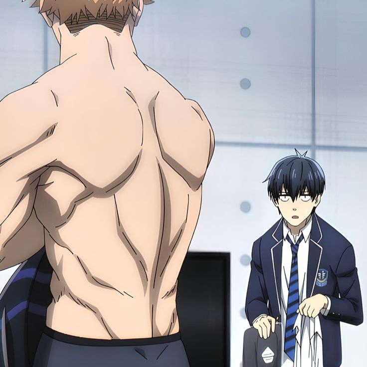this is a scene from the anime blue lock.  isagi yoichi is standing in a locker room, shocked by something. bachira meguru is standing in front of him, shirtless, showing off his muscular physique.