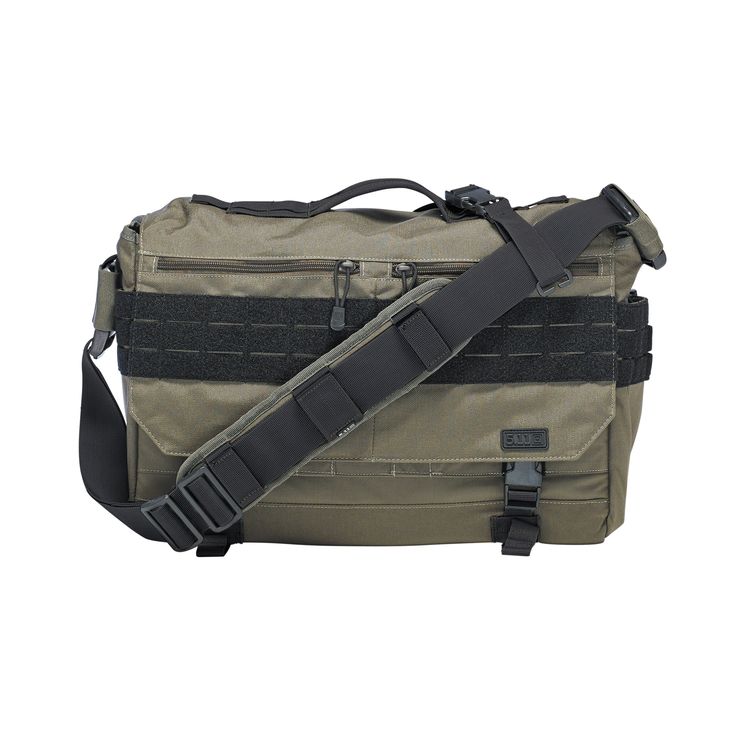 this is a green tactical messenger bag with black straps and buckles. it features a molle system on the front and back for attaching additional gear. the bag has a large main compartment and several smaller pockets for organizing belongings. the shoulder strap is padded for comfort.