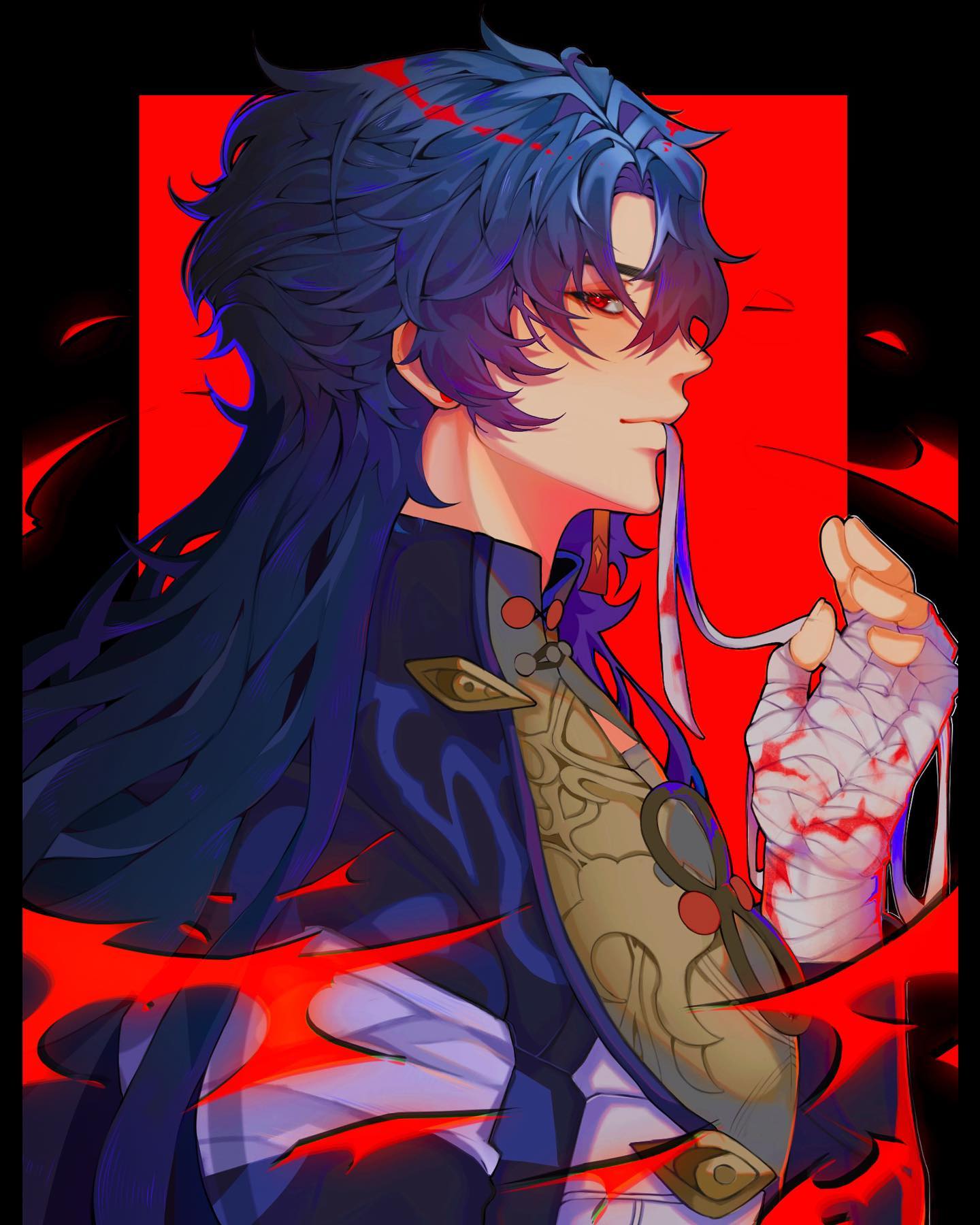 the image is a digital fanart depicting a male anime character, possibly inspired by genshin impact's scaramouche. he has long, flowing blue hair with hints of red, and is dressed in elaborate, asianinspired clothing with gold detailing.  a red background creates a dramatic contrast, and red accents appear on the character’s hair and his bandaged hands, which show traces of blood. his expression is intense and serious, conveying a sense of power and perhaps a hint of danger. the style is stylized, with bold lines and vibrant colors. the overall aesthetic is dark and moody, yet elegant.  the character’s attire and design heavily suggests a connection to genshin impact and the inazuma region.