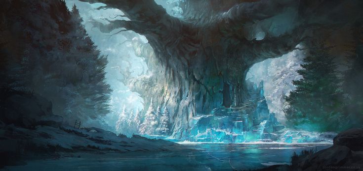 the image shows a fantastical winter landscape dominated by a colossal, ancient tree. the scene is bathed in a cool, ethereal light, with a palette of blues, whites, and grays. snow covers the ground and blankets the branches of the surrounding evergreen trees. in the foreground, a lake reflects the light and the surrounding scenery. the base of the giant tree is surrounded by structures that appear to be made of ice or frozen rock, glowing with a faint blue light. the overall atmosphere is mysterious and magical.