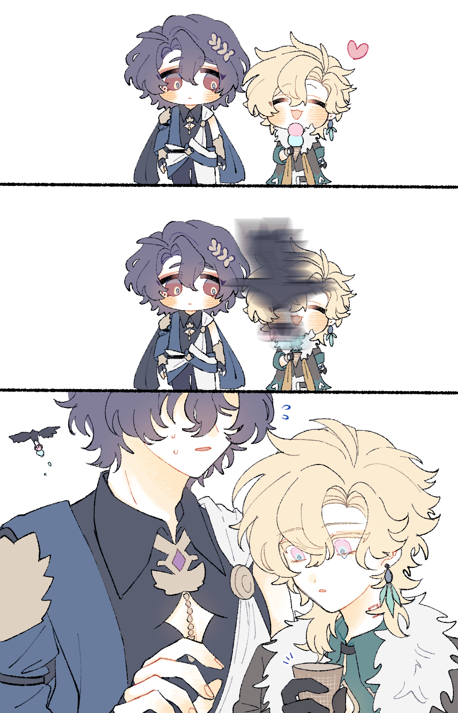 he image is a threepanel comic strip featuring two animestyle chibi boys.  in the first panel, the boys are shown happily together, one holding an ice cream. the second panel depicts the boy with purple hair seemingly getting upset and the blonde boy looking surprised. the final panel shows the boys as older versions of themselves, with the purplehaired boy looking slightly grumpy and the blonde boy holding ice cream. the style is cute and soft, with light pastel coloring. the comic suggests a narrative about sharing (or not sharing) ice cream and the resulting emotions between a couple.