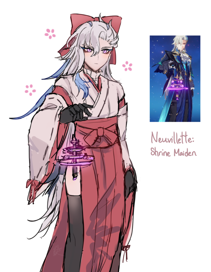 this is a fanart of neuvillette from the game genshin impact. he is dressed in a traditional japanese shrine maiden outfit, complete with a red kimono, white hair, and blue eyes. he is holding a purple lantern in his hand and has a serious expression on his face. the background is a simple white background with a few pink cherry blossoms.
