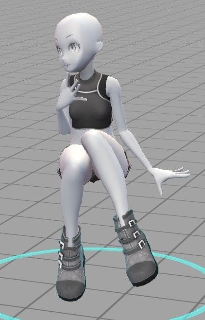 this is a 3d render of a female anime character wearing a black top and grey boots, she is sitting on a grey tile floor in a studio. the background is a white, grey tiled floor with a light blue circle on the floor surrounding her. the character is facing to the right and is posed in a sitting position, with her left leg bent and her right leg extended. the character has her head tilted to the right, and she is looking to the right. the character's arms are extended to the left and right. the character's hair is white and has a fringe. the character is wearing a black top that has a low neckline. the character is wearing grey boots that have buckles. the character is sitting on a grey tile floor. the background is a white, grey tiled floor with a light blue circle on the floor surrounding her. the character is rendered in a 3d software.