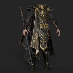 the image showcases a highresolution 3d model of a fantasy warrior or mage character.  the character is male and wears elaborate dark armor with gold detailing. a long, ornate black cloak with gold trim flows from the shoulders. the armor features intricate designs, and the character holds a long staff or spear. the overall style is dark, elegant, and powerful, suggestive of a highfantasy setting. the model appears to be a game asset or for a similar purpose, given the level of detail. the background is a simple, dark grey, which helps to focus attention on the model itself.