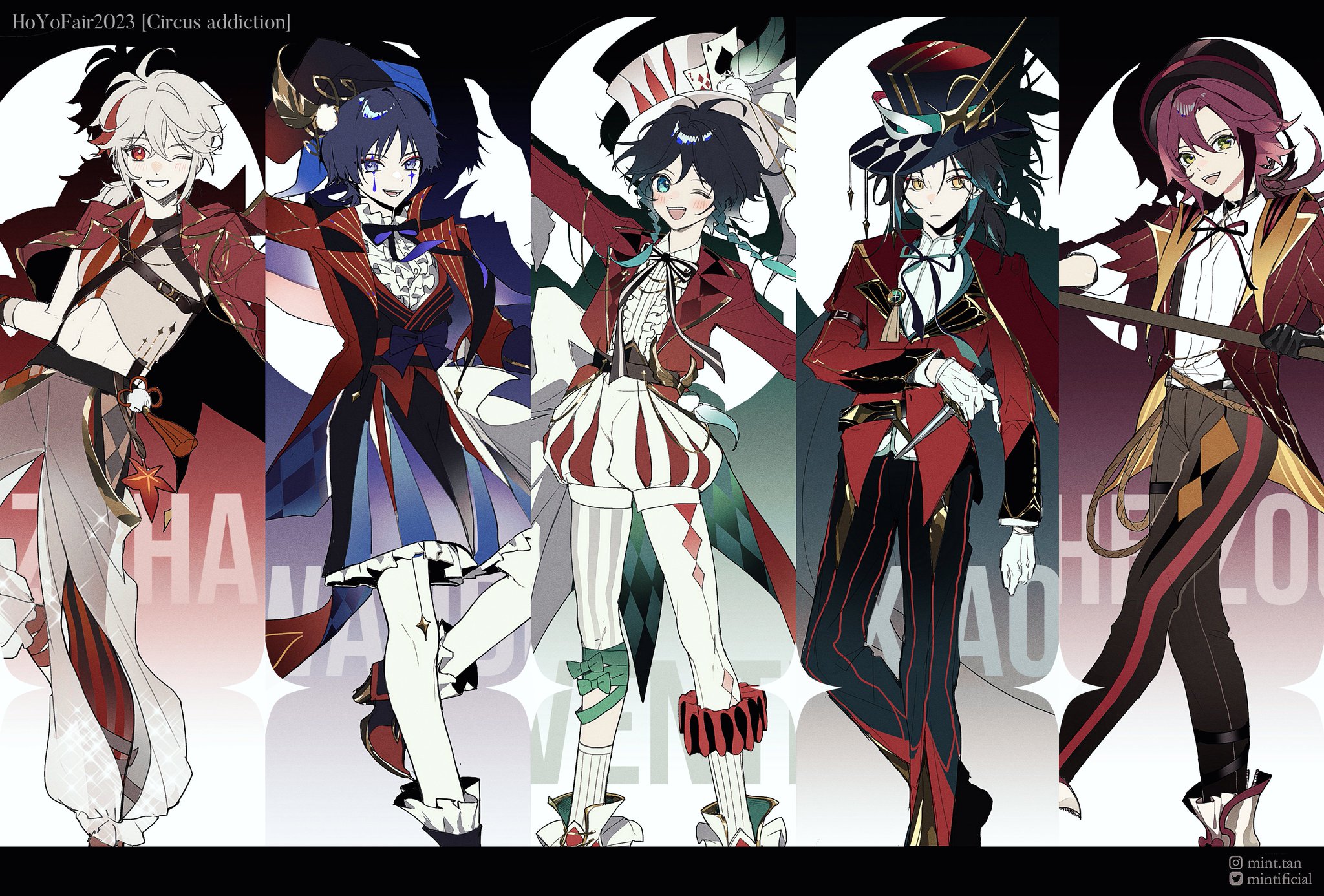 this is a digital illustration of four male characters from the popular video game, genshin impact. the characters are dressed in colorful, elaborate costumes inspired by a circus theme. the image is filled with bright colors and vibrant details, creating a lively and celebratory mood. the characters are posed in dynamic and playful ways, reflecting the fun and excitement of a circus performance.