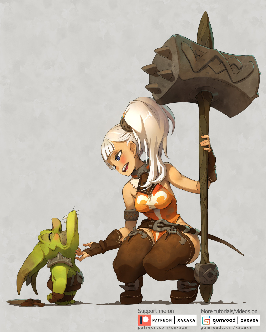 this is a colorful, cartoon illustration of a female warrior. the warrior is in a squatting position, with her left leg bent, and she's holding a giant hammer in her right hand. she is wearing a brown leather outfit with a  gold top, and her long white hair is tied up with a gold band. she is looking over at a small, green creature with a big smile on her face. the creature is also looking at the warrior with a big smile on its face. behind the warrior is a giant brown, wooden hammer with a sharp spike at the top. the background is a simple white color.
