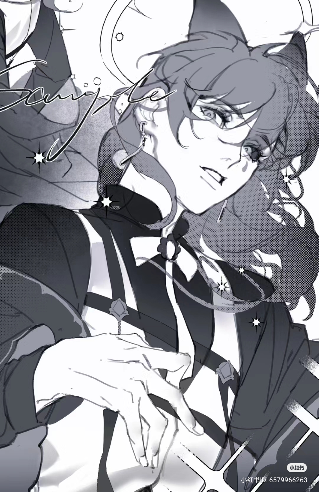 the image is a stylish black and white illustration of a young woman with cat ears. she has long, flowing hair and wears a choker and multiple earrings. she is drawn in a confident pose, with a slight smirk on her face. the art style is reminiscent of anime and manga. the grayscale palette enhances the dramatic and cool aesthetic of the drawing.