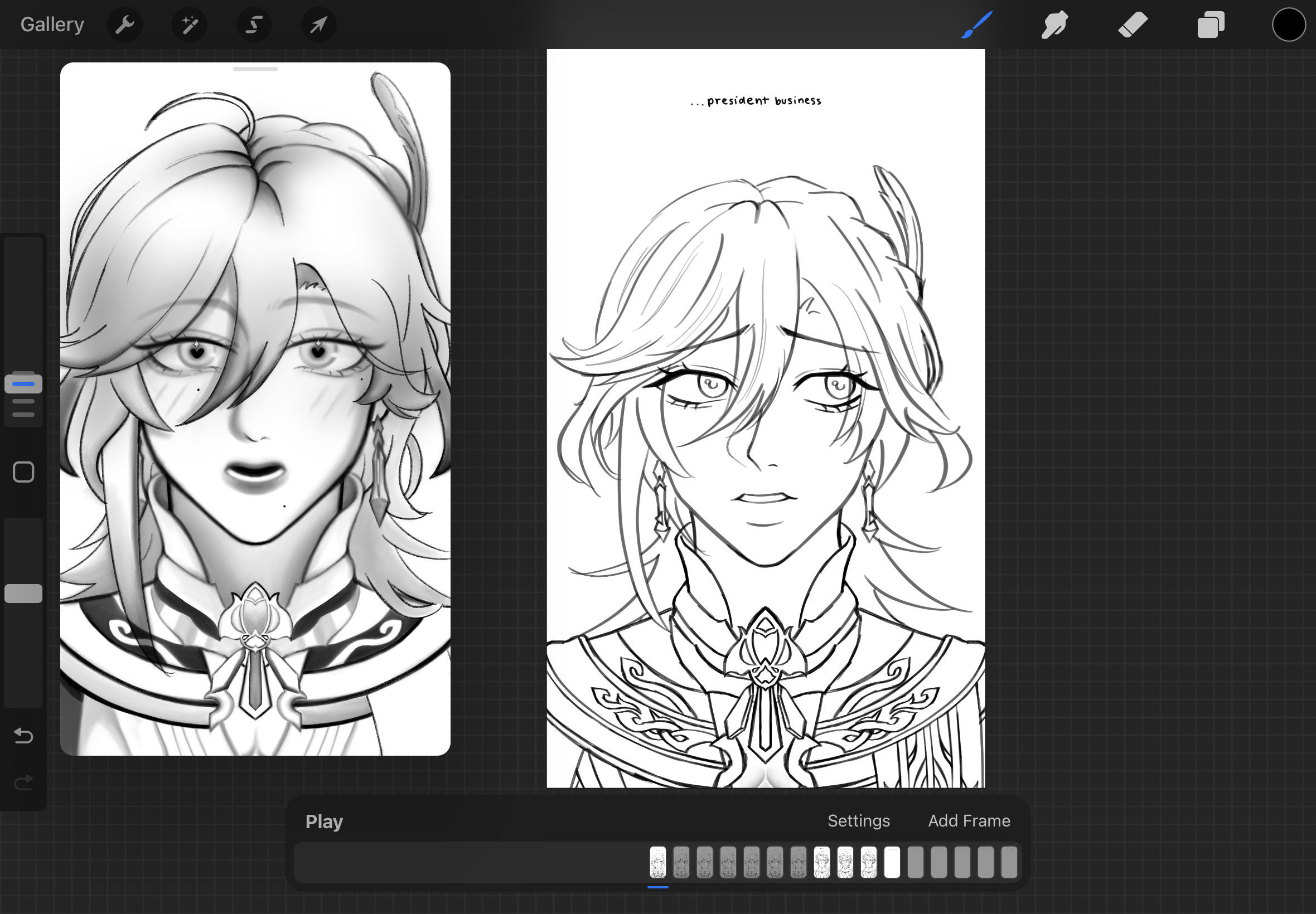 the image shows two digital drawings sidebyside on a procreate app interface. both depict a character in an anime style. the drawing on the left is shaded in black and white, while the one on the right is a line art version. the character is looking forward with a surprised expression. there are visible details on the clothing, hair and accessories, with the words "...president business" appearing above the right drawing.