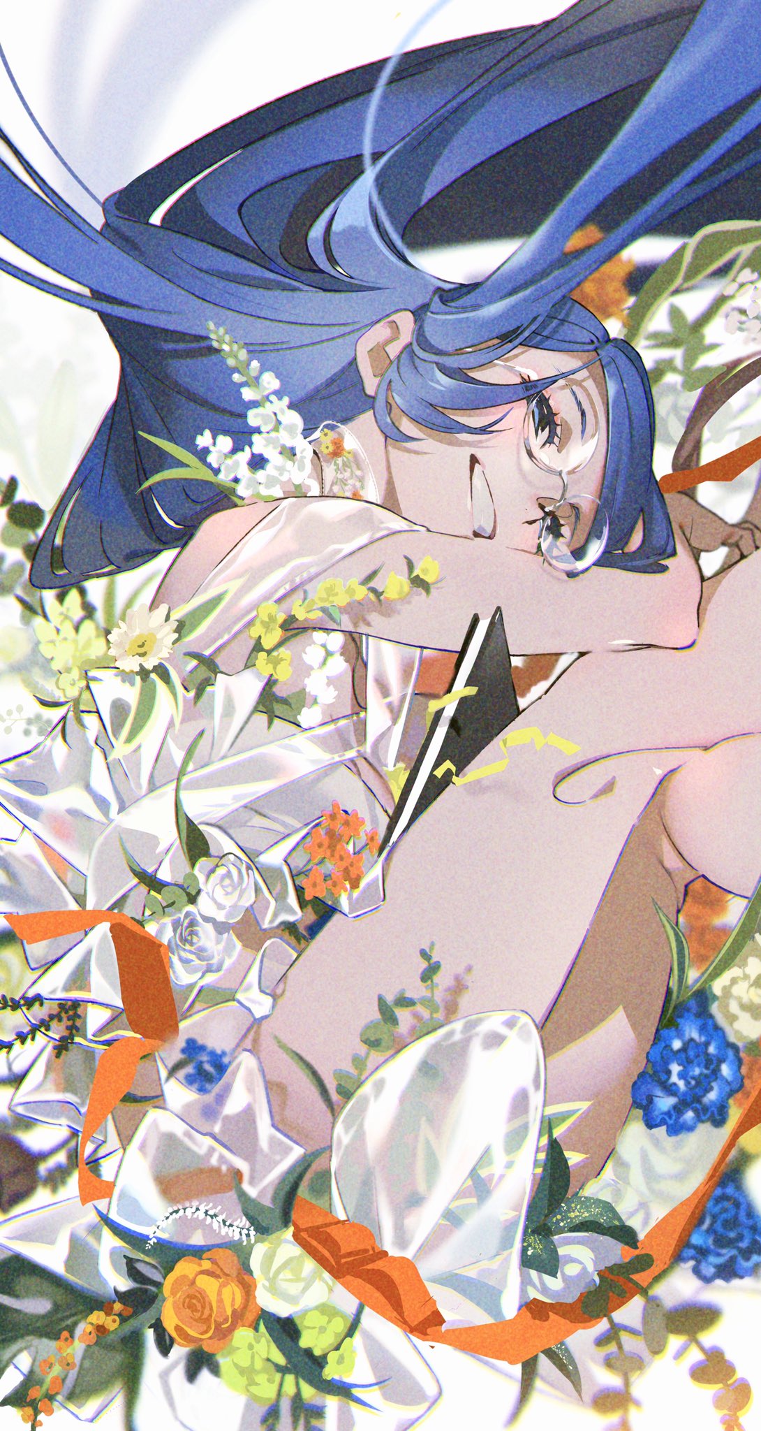this illustration features a young woman with long, flowing blue hair. she's lying down, surrounded by a colorful array of flowers and orange ribbons. she wears a white, semitransparent dress. she has a content smile on her face and holds a small, dark book. the overall feeling is serene and joyful.