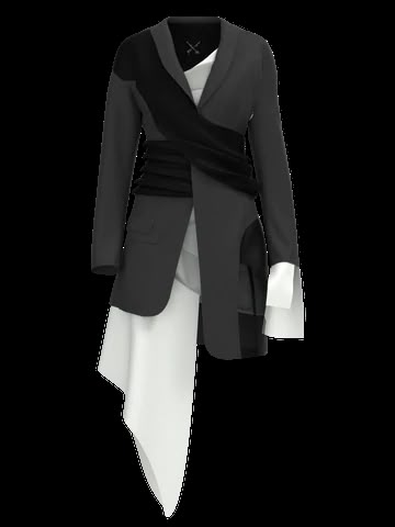 a striking fashion item, seemingly a blazer, with an asymmetrical design. the upper part is a gray blazer with black accents and a draped white fabric underneath, creating a contemporary and designer look.