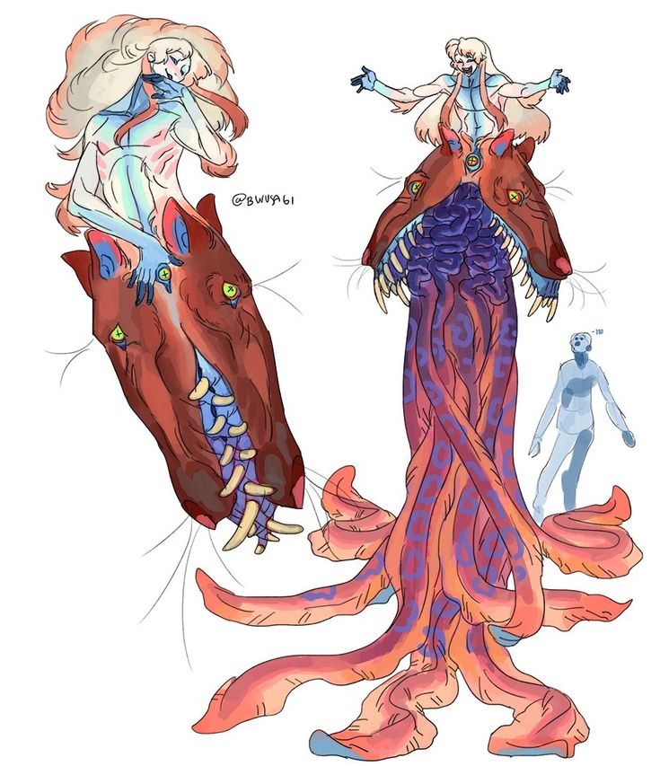 this is a digital illustration of a fantasy monster that appears to be both human and wolflike. on the left side, the monster is depicted in its humanoid form. it has long, blonde hair and is wearing a blue and red dress. the lower half of the body is a wolf, and the wolf appears to have two heads with a maw full of teeth. on the right side, the monster is depicted in a more monstrous form, with a large, wolflike head with sharp teeth. the body is made up of many tentacles, and there appears to be a human figure on top of the head. the tentacles are red and orange, and the figure's body is blue. the monster is set against a white background.