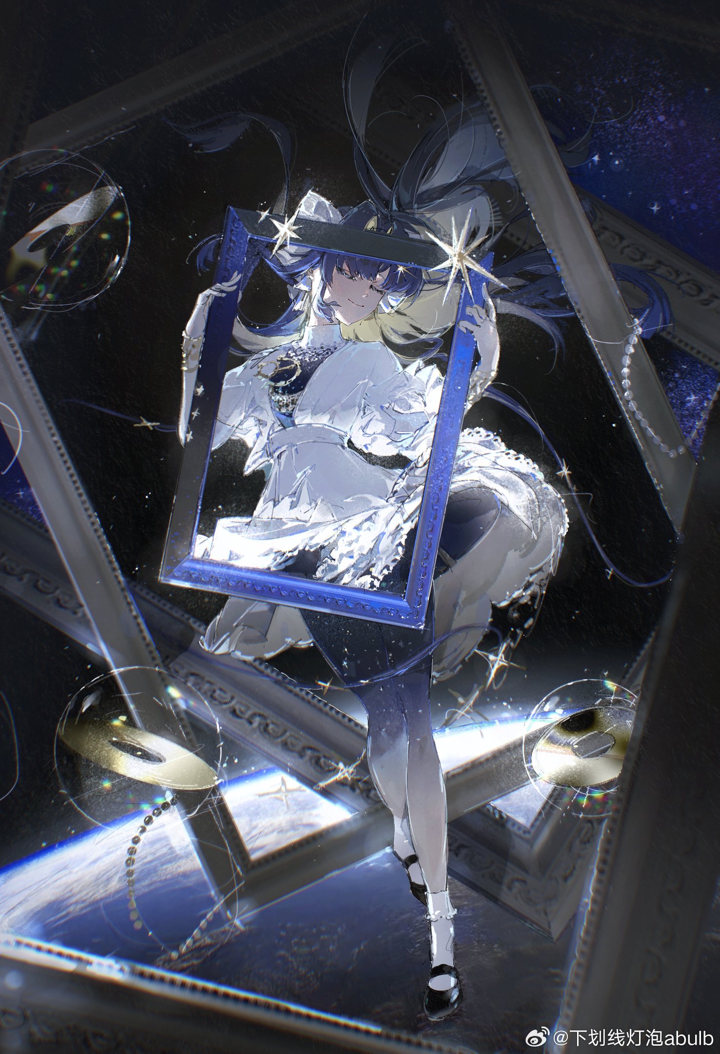 he image is a digital painting of an anime girl with long dark blue hair. she is wearing a white dress with blue accents and a dark blue hat adorned with stars. she is holding a large, ornate blue picture frame which is reflected in the surrounding environment. the scene is surreal and dreamlike, with the girl appearing to float amidst broken picture frames, pearls, chains, and a backdrop of space filled with stars and nebulae. the overall style is fantastical and ethereal, with a focus on intricate details and a blend of dark and light elements creating a moody yet beautiful atmosphere.  the color palette is primarily blue, white, and dark tones, emphasizing the cosmic and mysterious aspects of the artwork.