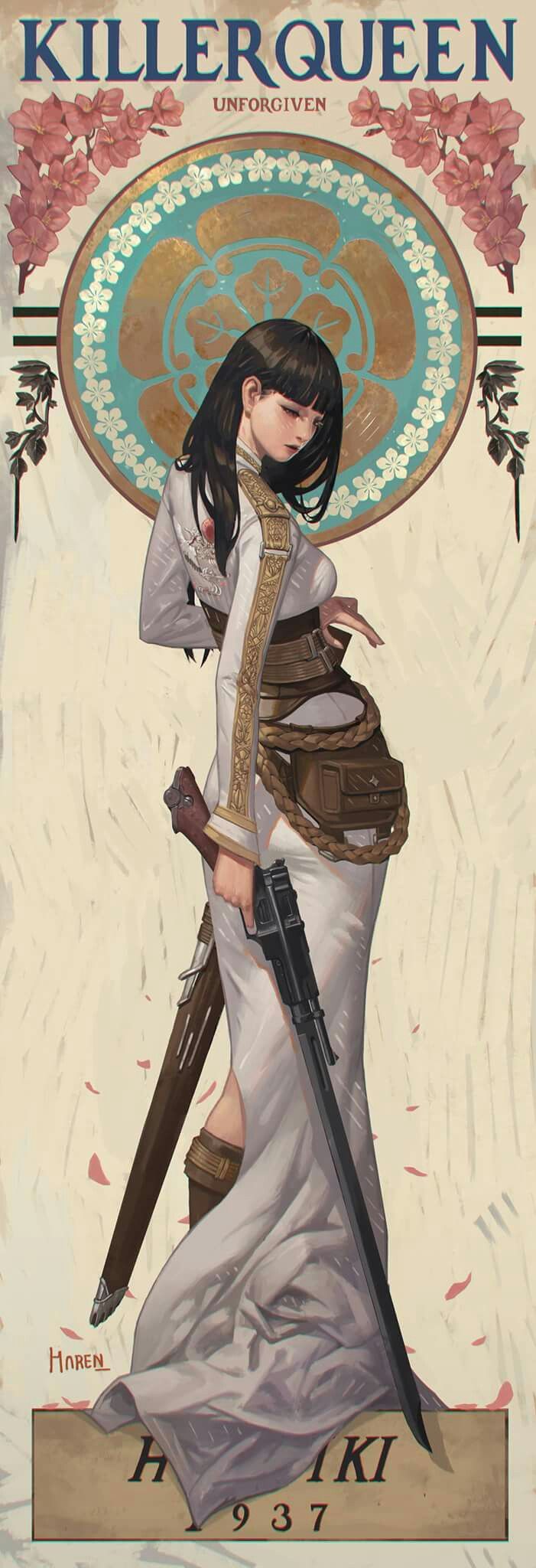 a vertical art piece depicting a woman holding weapons. she is drawn in an anime style with fair skin and black hair with blunt bangs. she wears a white gown with gold trim along the edges and sleeves. there is a brown belt at her waist and a braided brown rope around her hips connected to a small bag or holster. she holds a long, dark rifle in her right hand, and in her left hand, she holds the handle of a katana with a brown sheath. the background is a pale cream color with floral designs at the top. at the top of the image, the words "killer queen" and "unforgiven" are written. at the bottom, the name "hareki" and the year "1937" are inscribed.