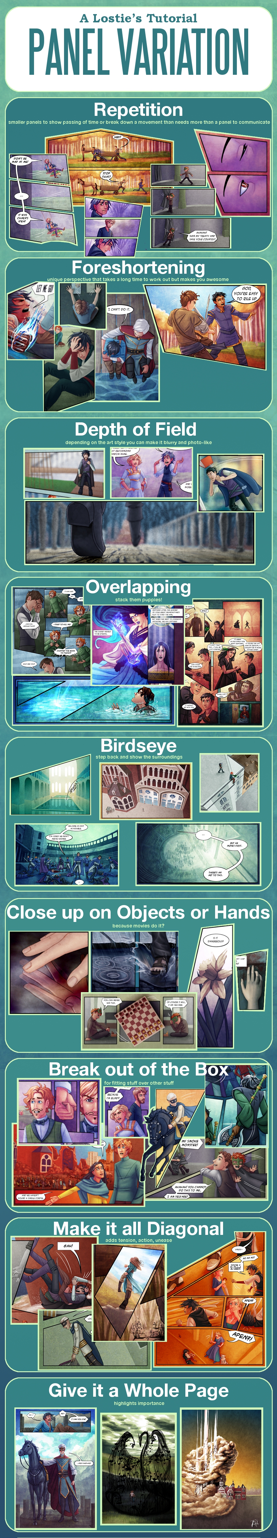 this image is a visual tutorial on panel variation in comics, using examples for techniques like repetition, foreshortening, depth of field, overlapping, birdseye view, closeups on objects/hands, breaking out of the box, using diagonal panels, and giving a scene a whole page.