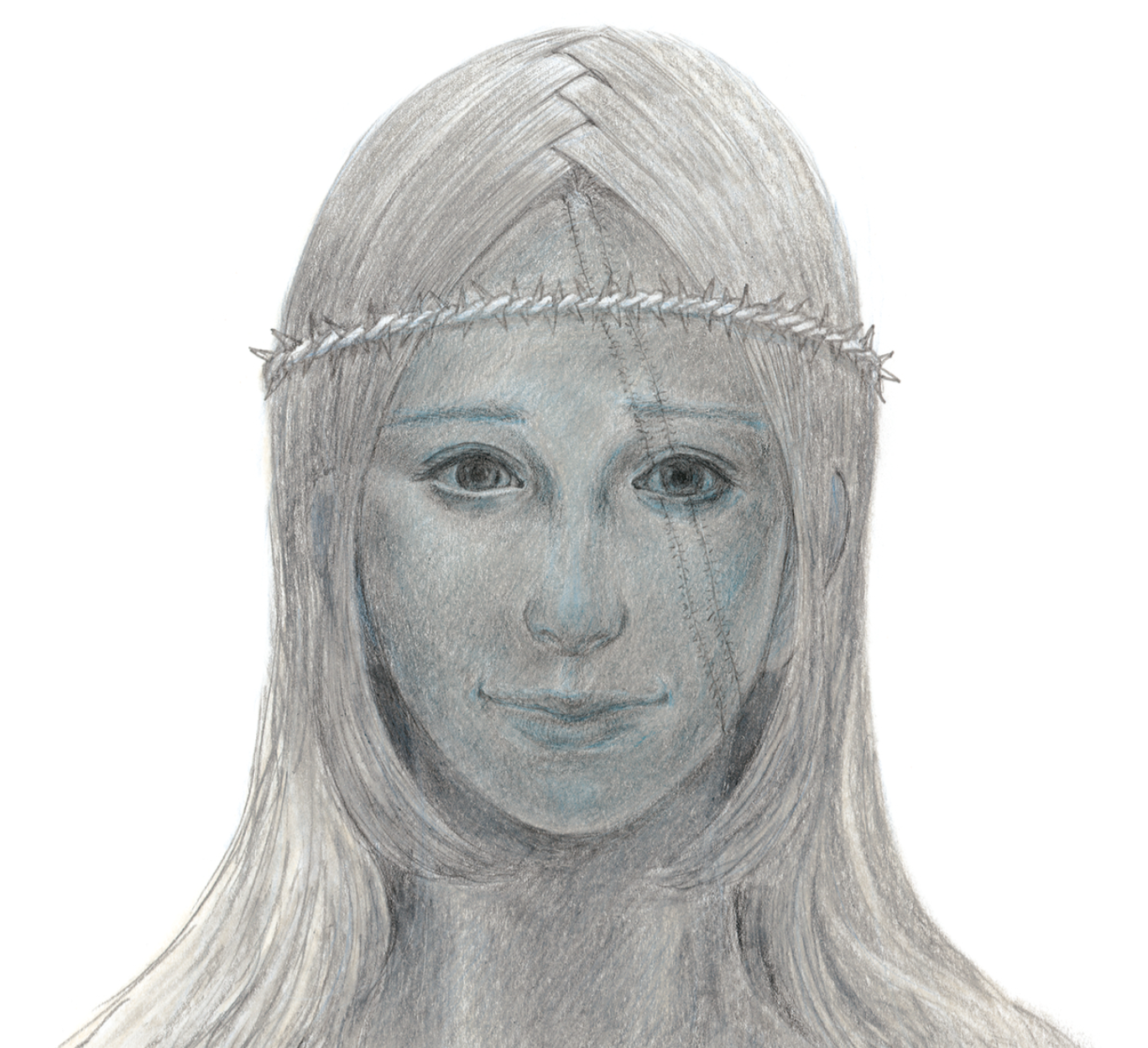 the drawing depicts the portrait of a woman with long, flowing hair, adorned with a crown of thorns. her expression is a mix of sorrow and serenity, her eyes conveying a sense of depth and introspection. the overall tone of the image is ethereal and haunting, achieved through the use of soft lighting and a muted color palette.