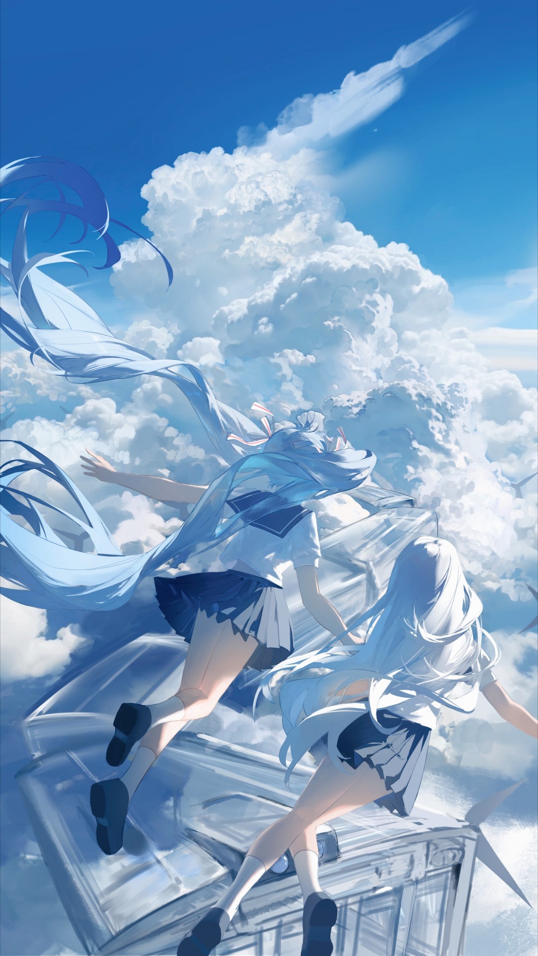 the image depicts two anime girls with long flowing blue hair, dressed in school uniforms, seemingly flying above a city.  they stand atop a transparent structure with a cityscape faintly visible below. the backdrop features a vibrant blue sky adorned with large, fluffy white clouds, emphasizing the feeling of vastness and freedom.