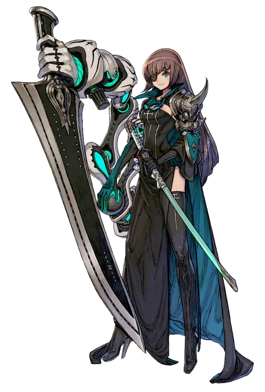 a female anime character stands in a confident pose, her right hand resting on the pommel of a massive sword. she is dressed in a black and teal battle dress with thighhigh boots and a long flowing cape. her expression is stoic, with piercing blue eyes. the sword is intricately designed with glowing cyan accents and a skeletal handguard. the background is white, putting all the focus on the character and her weapon.