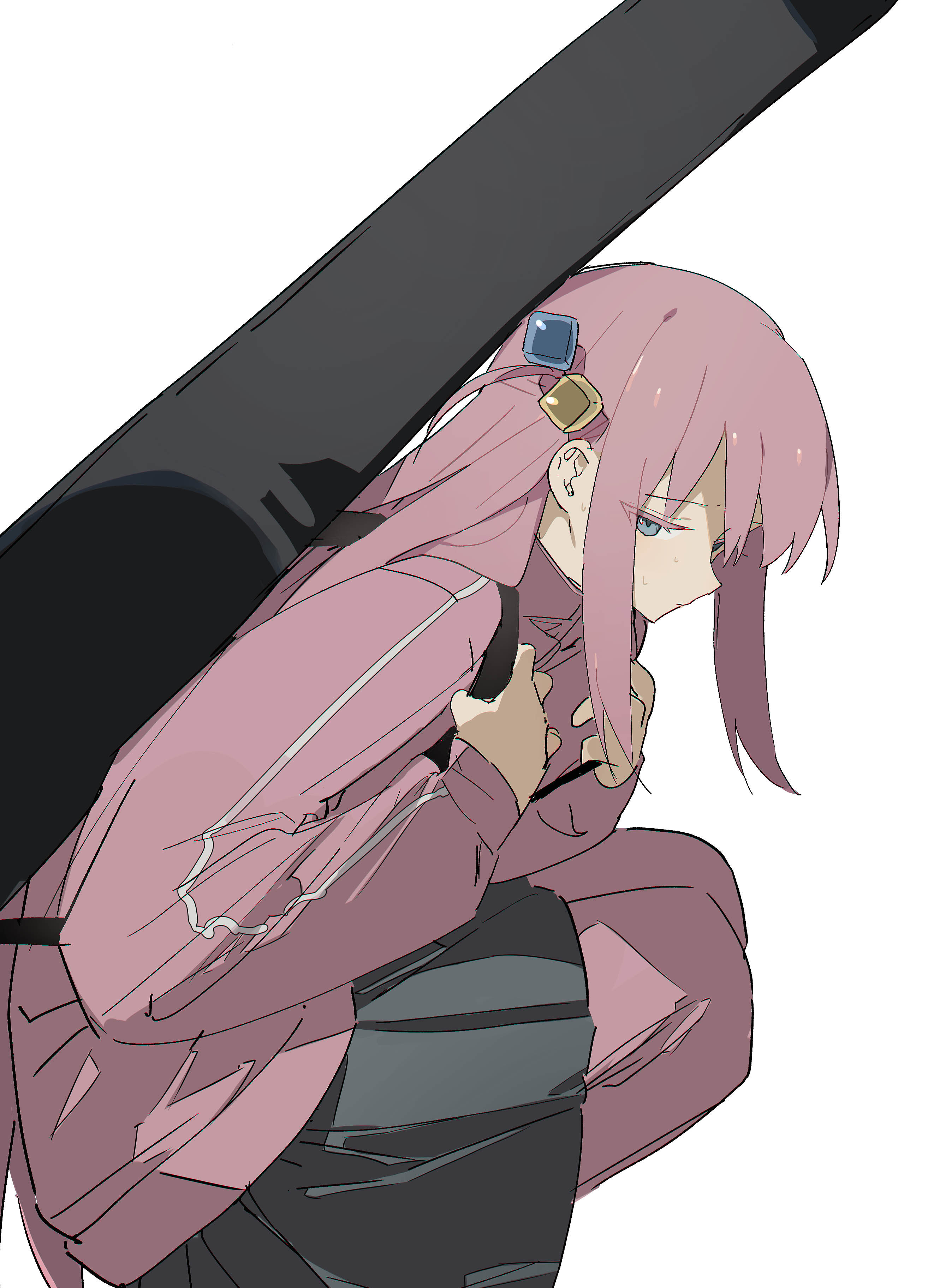 the image shows an animestyle girl with long pink hair crouching down while carrying a darkcolored guitar case on her back. she's wearing a pink jacket and seems to be tired or sad. the style is a stylized illustration, likely digital art. the overall feeling is melancholic and quiet.